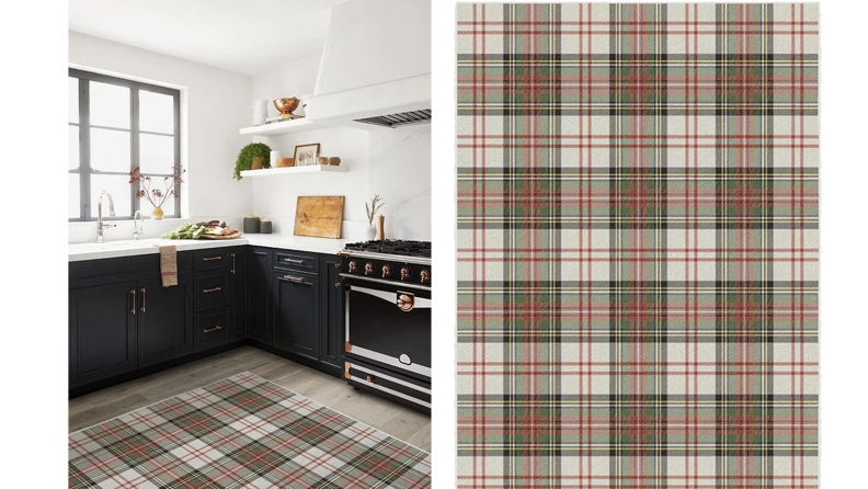 Two images of a red and green plaid rug