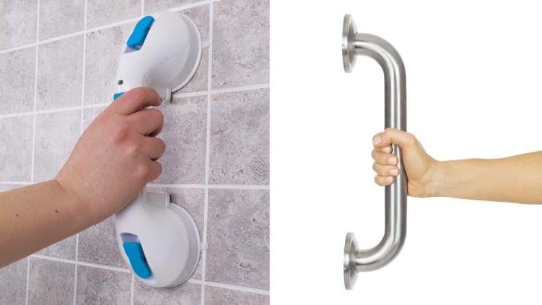 Left: a hand grabs a plastic handle on a shower wall; right: a hand grabs a metal shower grip.