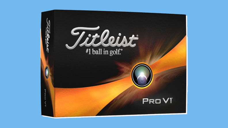 A package of Titleist Pro V1 golf balls on a blue background