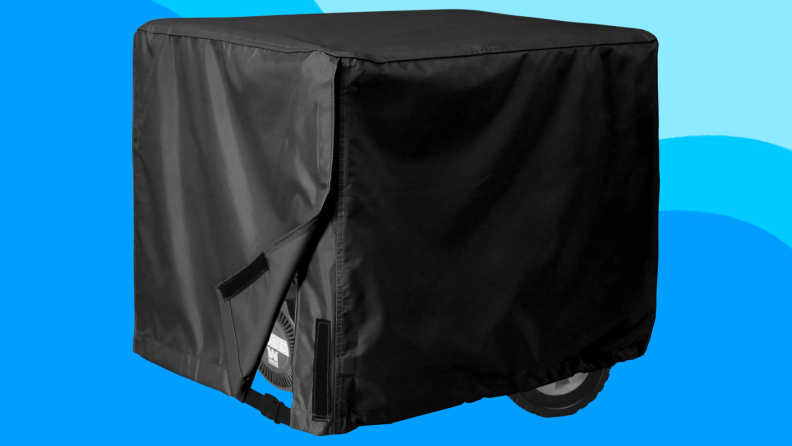 A generator covered in a black generator cover against a blue background.