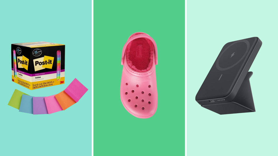 Side-by-side images of three great school products for teens: Post-It Super Sticky Notes, a classic fuzz-lined Croc, and an Anker magnetic wireless portable phone charger.