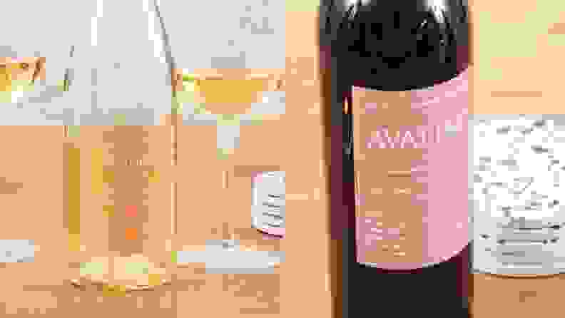 Left: Close-up of a bottle of white Avaline wine surrounded by two glasses. Right: A close-up of a bottle of red Avaline wine.