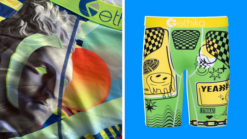 On the left is a close-up of the Marble Angelo print from Ethika, and on the right is a product shot of the ANYO print against a blue background.