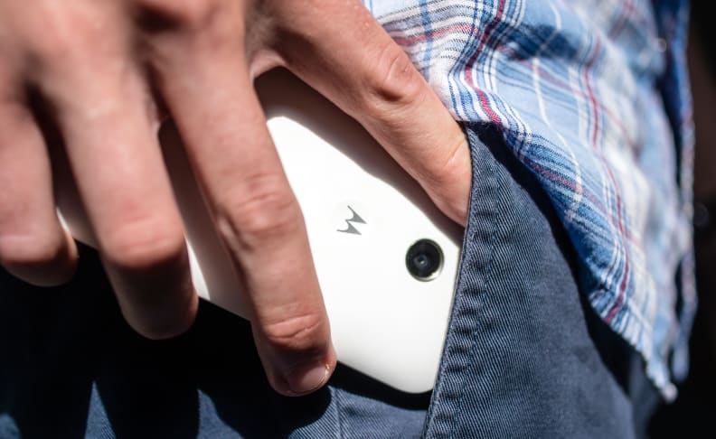 The Moto E easily slips into a pocket thanks to its rounded backplate, thin body, and mid-range screen size.