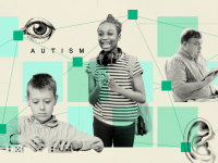 An illustration that says the word autism alongside related imagery: A girl with headphones around her neck, an ear, a boy playing with domonoes