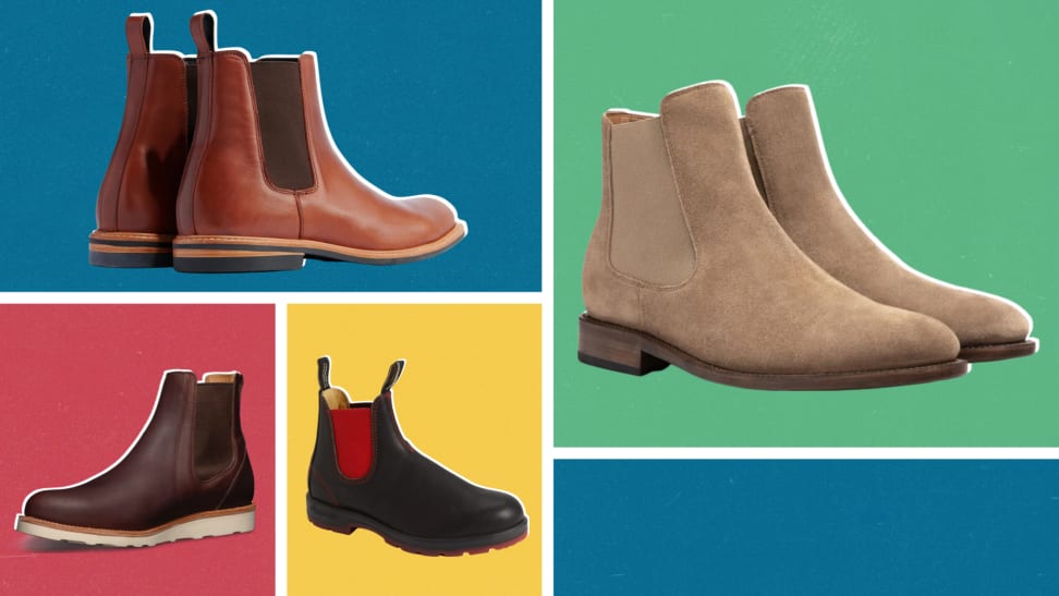 Four pairs of men’s Chelsea boots in different styles and colors.