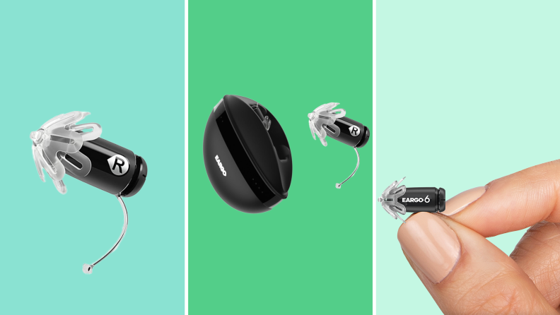 Product shots of the Eargo 6 hearing aids.