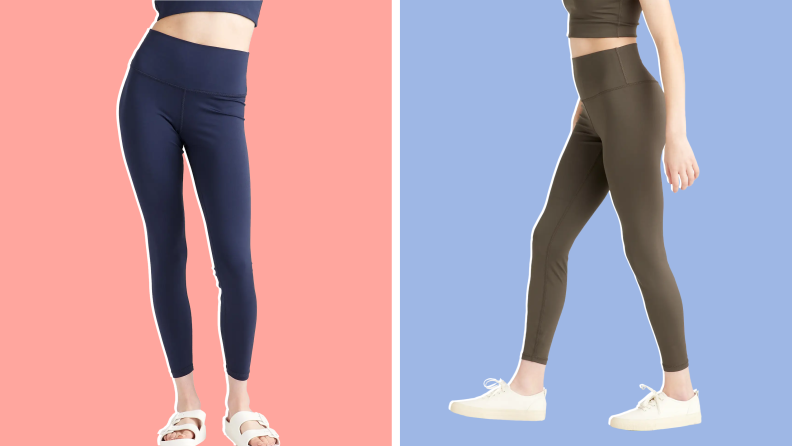 Navy leggings seen from the front, and olive green leggings seen from the side.