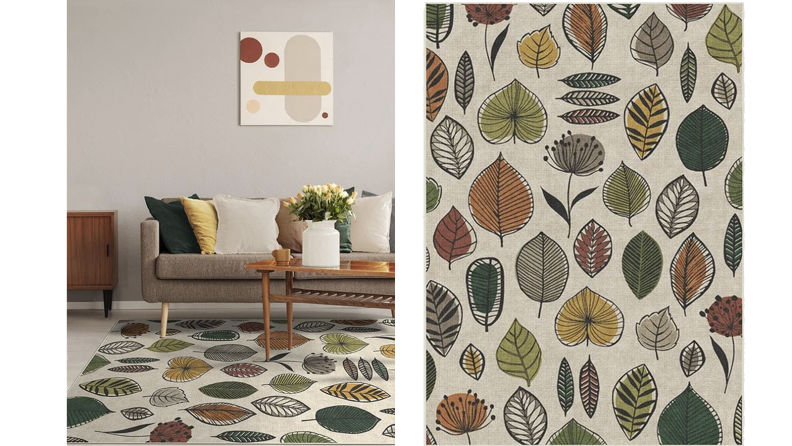 Two images of a rug with a graphic leaf design