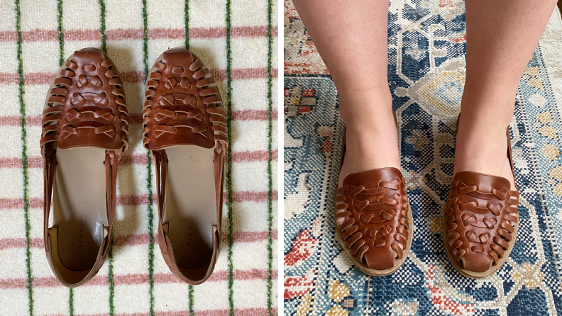 Huarache sandals seen from above against a plaid blanket, and a shot of the author's feet wearing the shoes.