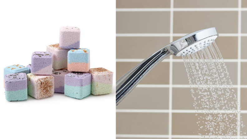 On left, multi-colored shower steam cubes. On right, shower head with running water in bathroom.