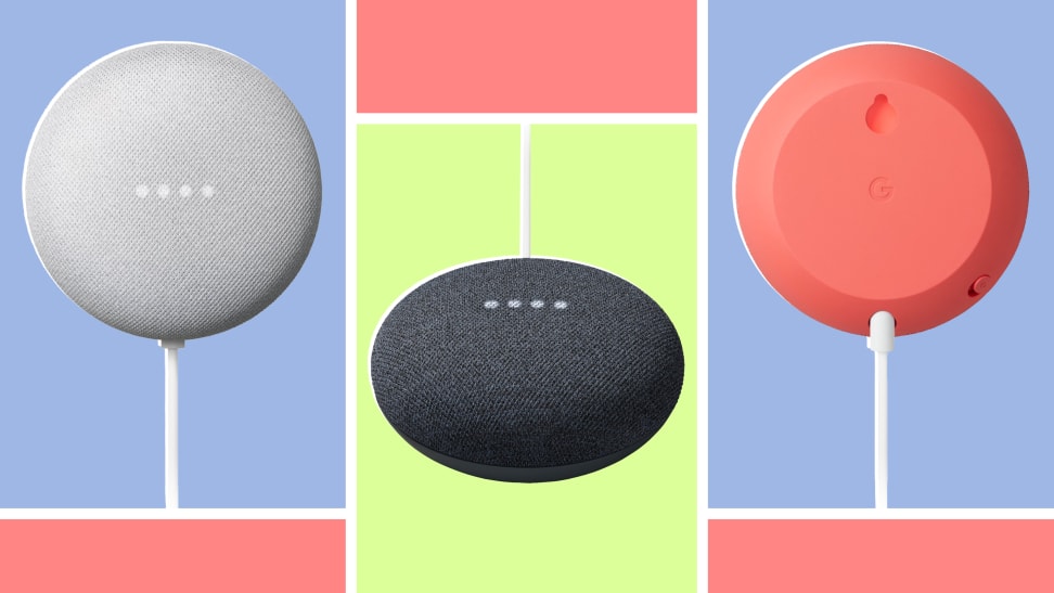 The front and back of the Google Home Mini smart speaker displayed on colorful backgrounds