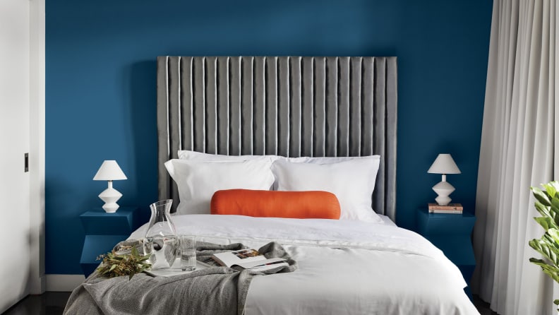 A bedroom painted Chinese Porcelain, PPG Paints' 2020 Color of the Year