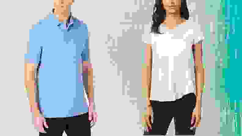 A man in a blue polo shirt standing next to a woman in a plain white t-shirt.