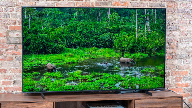 The Samsung AU8000 displaying 4K content in a living room setting