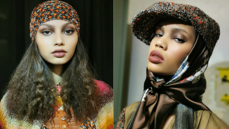 Two portraits of women at the Anna Sui F/W 2024 fashion show.