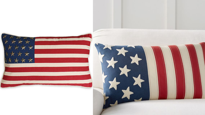 On left, product shot of red, white and blue decorative throw pillow. On right, red, white and blue decorative throw pillow sitting on white couch.