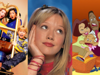(left) Dylan and Cole Sprouse, Brenda Song, and Ashley Tisdale slide down a hotel hallway in "The Suite Life of Zack and Cody." (middle) Hilary Duff daydreams as "Lizzie McGuire." (right) The animated cast of "The Proud Family."