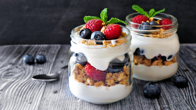 Yogurt parfait topped with mint