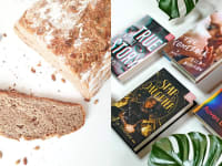 A bread loaf and five books