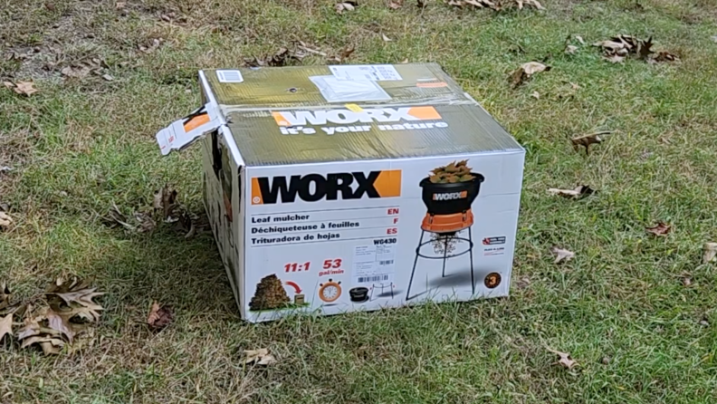 The box for the Worx Electric Leaf Mulcher sitting on the grass.