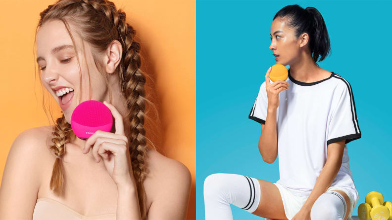 On the left: A person holding a pink Foreo cleansing brush in front of her face. On the right: A person sitting with dumbbells next to them while holding a Foreo cleansing brush.