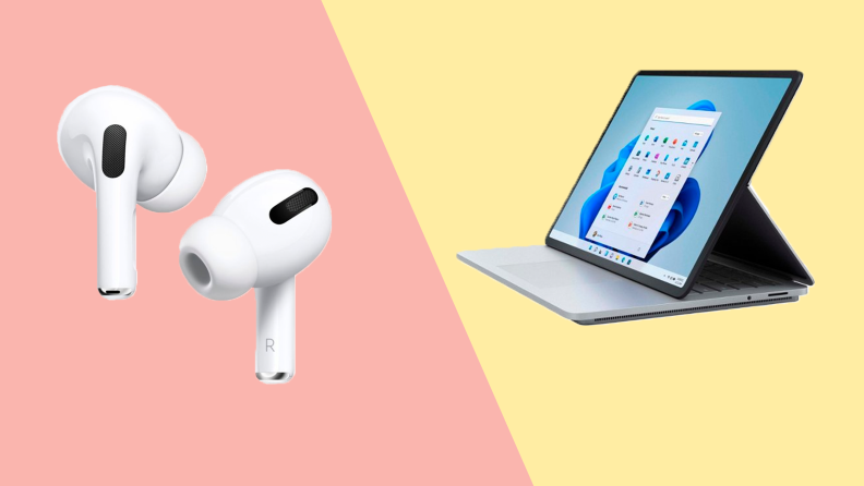 A pair of Airpods against a pink background on the left. A Surface laptop in the propped up position against a yellow background on the right.