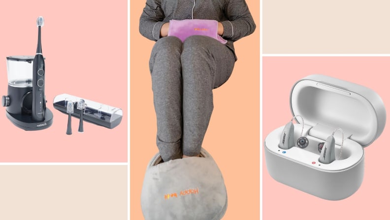 A Waterpik toothbrush, Happy Heat foot warmer, and Lexie hearing aids on a colorful background