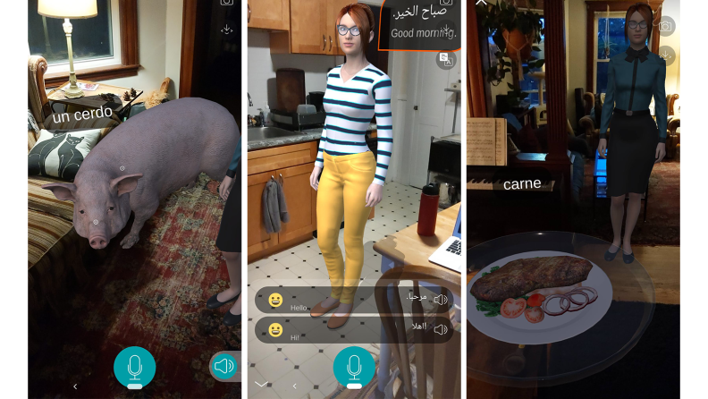 Three images of virtual teacher in kitchen and living room