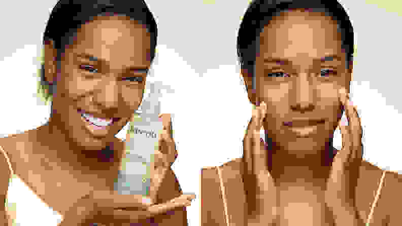 On the left: A person holding a bottle of Aveeno cleanser. On the right: The same person washing their face.