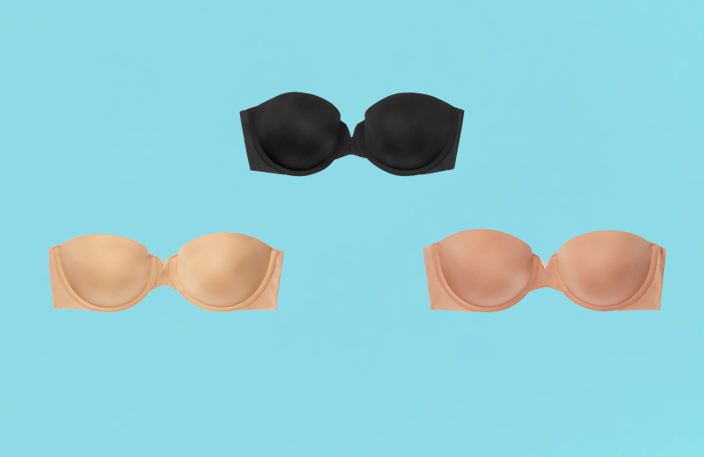 Three Victoria's Secret strapless bras in three colors, black, nude, and beige, on a turquoise background