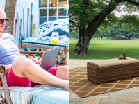 On right, man wearing sunglasses reclines in patio chair outside while working on laptop. On right, tan rectangular ottoman on top of tan and cream rug.