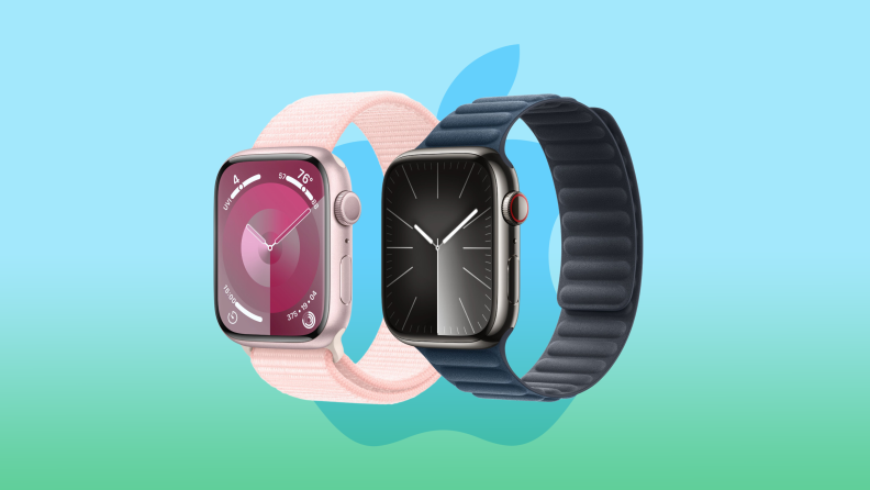 The Apple Watch Series 9 in pink and midnight over a blue and green background with the Apple logo.