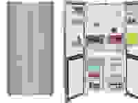 两个Beko冰箱并排站在白色的空间里。最左边的那扇门关着。最右边的实例打开了它的门，所有的货架和箱子都装满了物品。