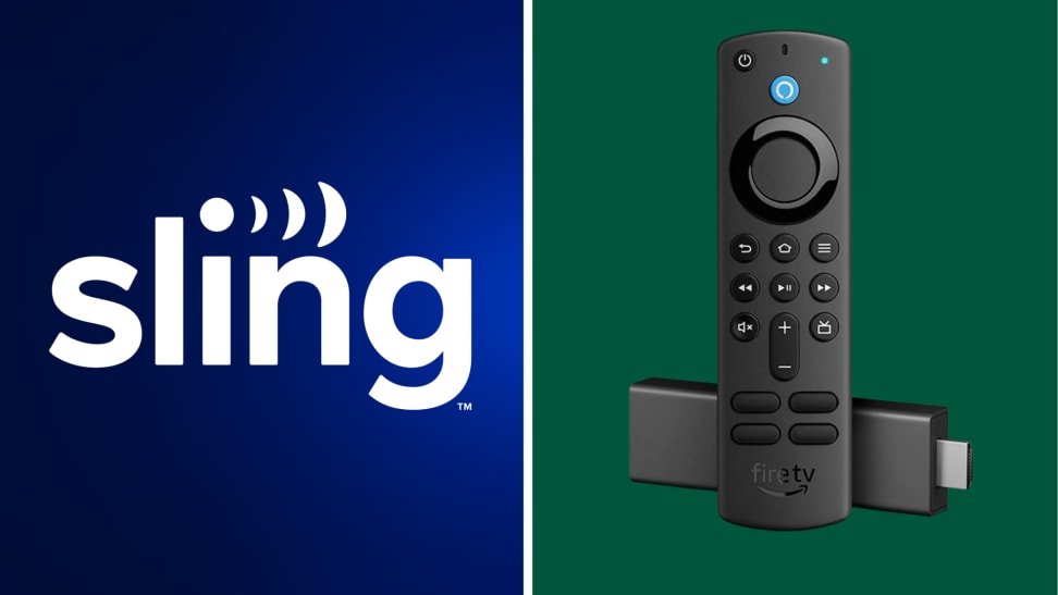 A collage with the Sling TV logo and an Amazon Fire TV Stick.
