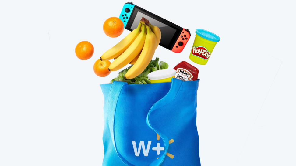 Blue Walmart+ canvas bag with groceries, electronics, and home products spilling out.