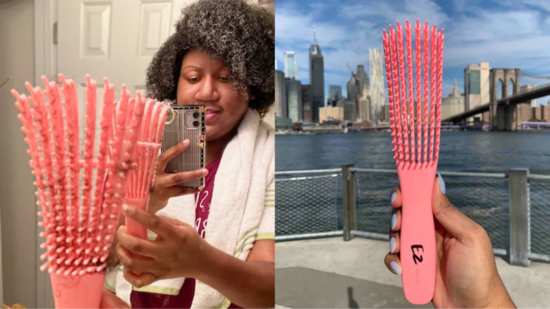 Two photos, one of a woman holding up a pink detangling brush to a mirror, the other of the same brush being held up outside.