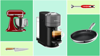 A selection of the best kitchen gifts including a Hedley & Bennett Chef's Knife, a Nespresso coffee maker, HexClad pan, and a Galanz Immersion Blender on a green background.