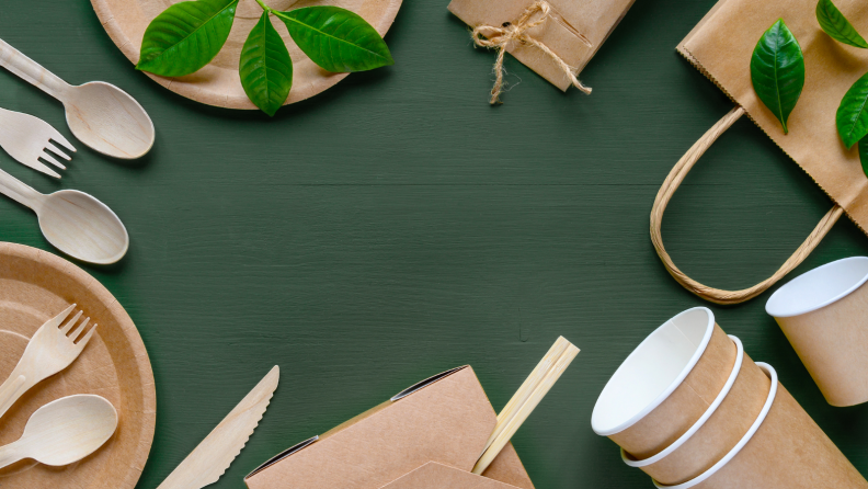 Compostable plates and utensils on green background.