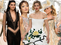 Collage of Pamela Anderson, Kendall Jenner, Rita Ora, Gigi Hadid, Sarah Jessica Parker, and Kim Kardashian wearing the Met Gala red carpet trends.