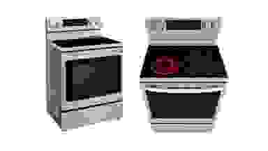A side by side image of the front and top of an electric range by LG.