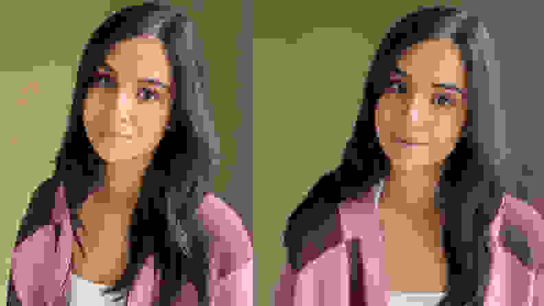 A side by side image of the author wearing without the powder under her eyes (left) and with it (right).