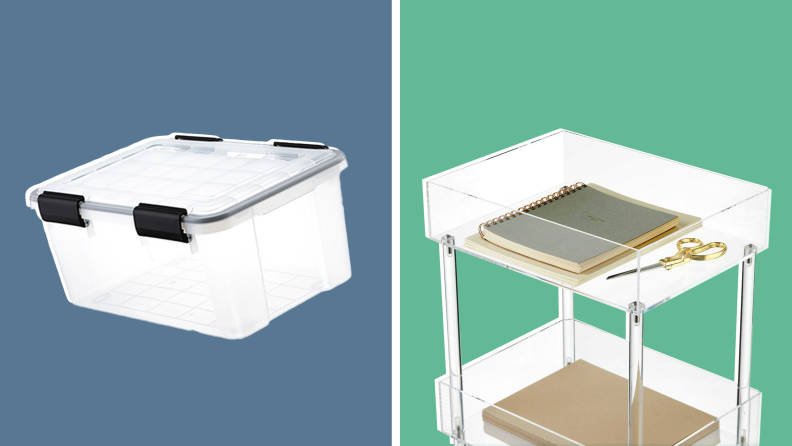 On left, clear storage container. On right, clear acrylic 3-tier rolling cart.