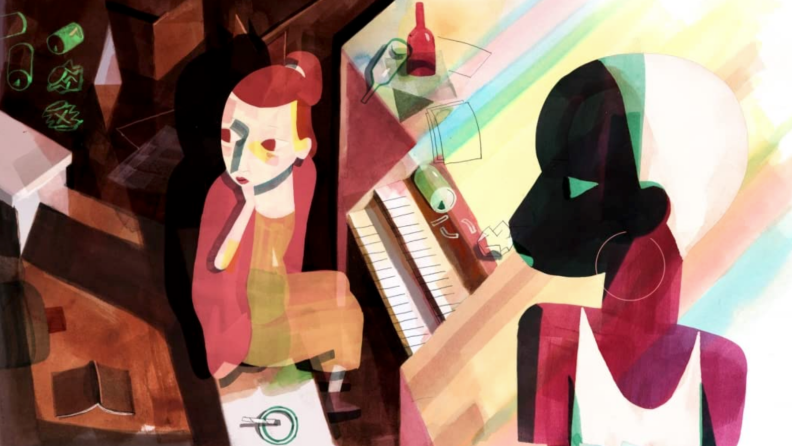 An image from the beautiful animated film "Genius Loci" featuring color-blocked characters and backgrounds.
