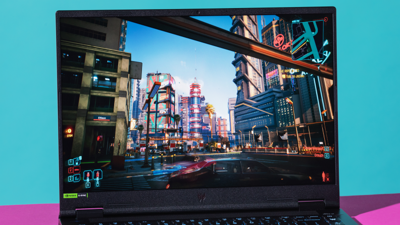 The screen of the Acer Predator Helios Neo 14 laptop with cyberpunk 2077 being played