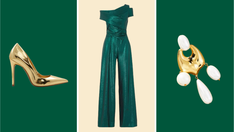A gold pump, a green jumpsuit, and a pearl and gold earring.