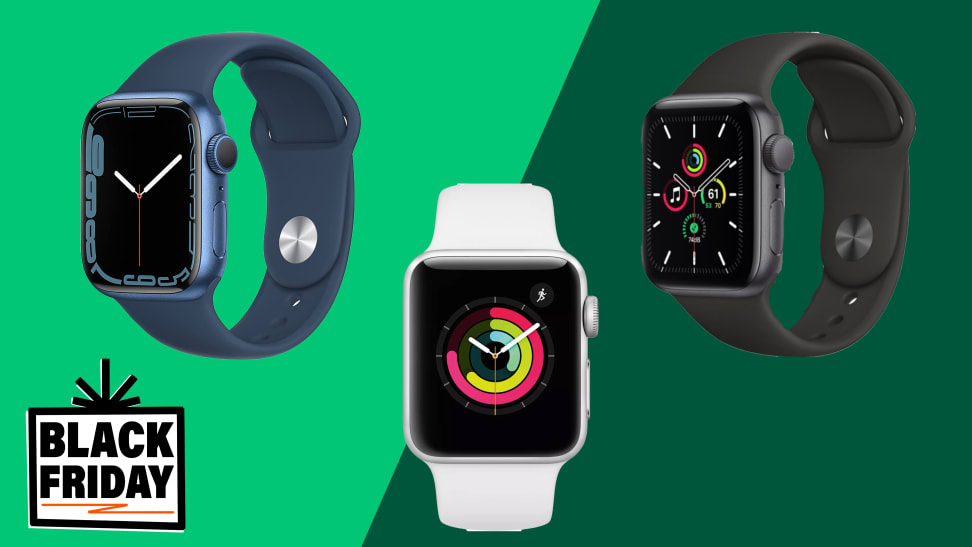 Three apple watches on a bright green background.