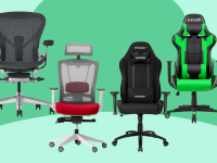 Two office chairs and two gaming chairs against a green background.