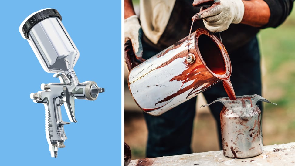 Image of a spray painter next to an image of a person pouring paint into a can.