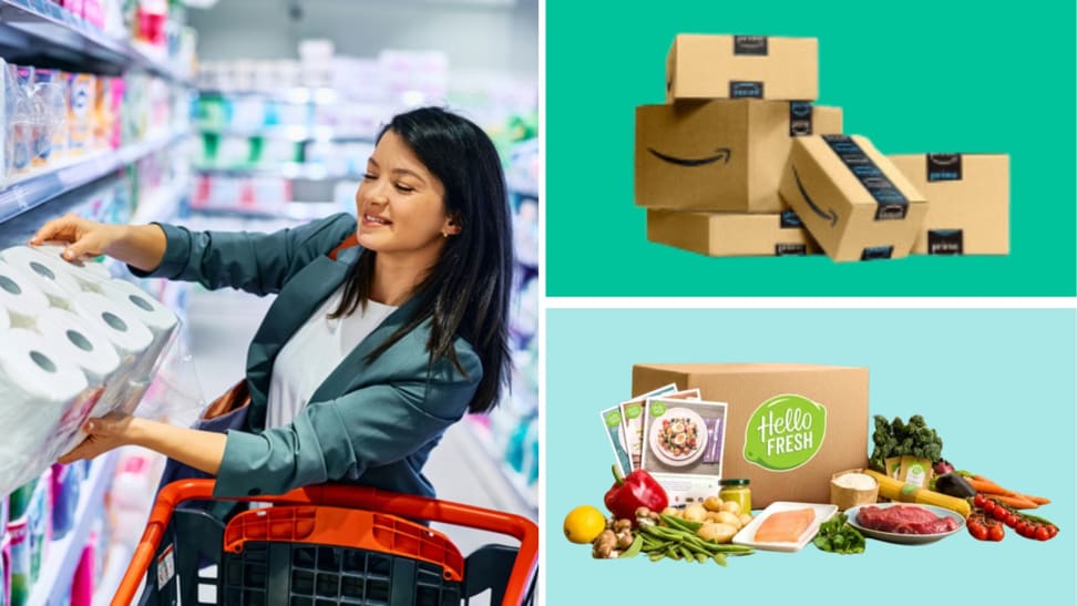 A woman shopping in a store next to a collection of Amazon packages and a HelloFresh package in front of colored backgrounds.